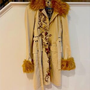 Embroidered Faux Fur Trimmed Coat